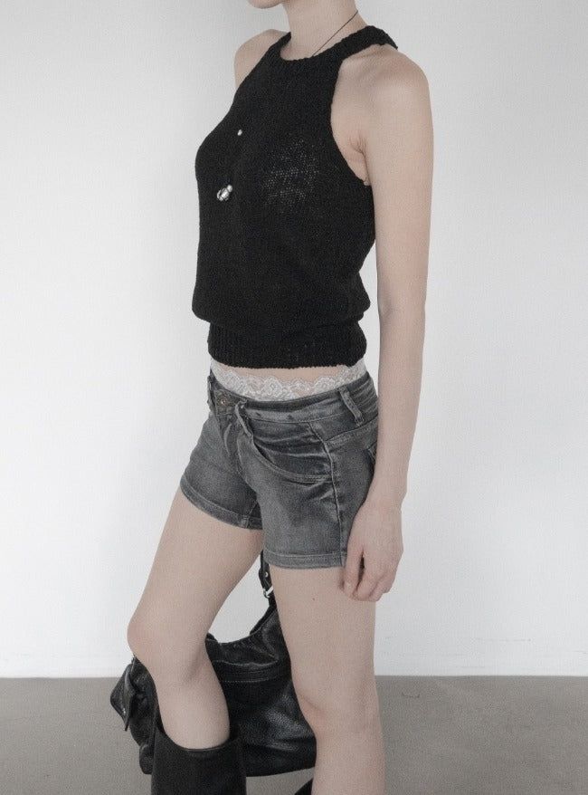 Fade pocket raw denim shorts