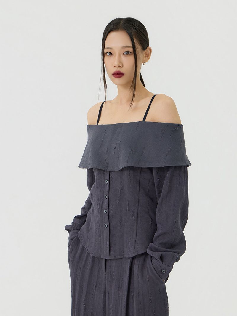 Scratch Cape Off-Shoulder Belted Shirt, Charcoal