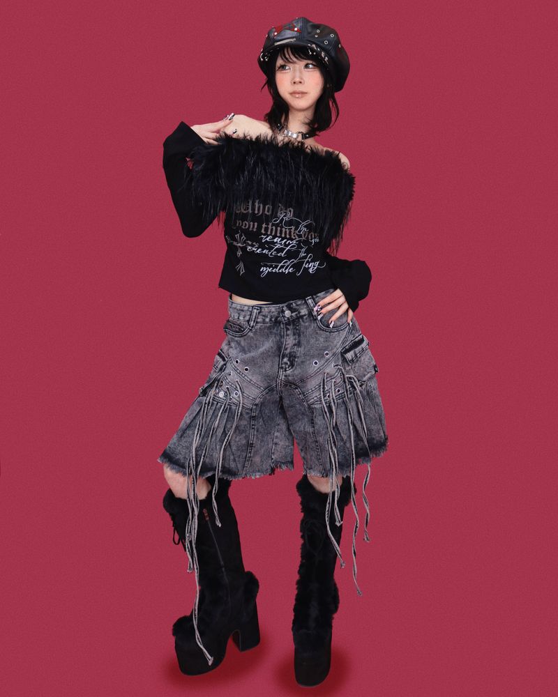 angry eyelet wide half pants - black