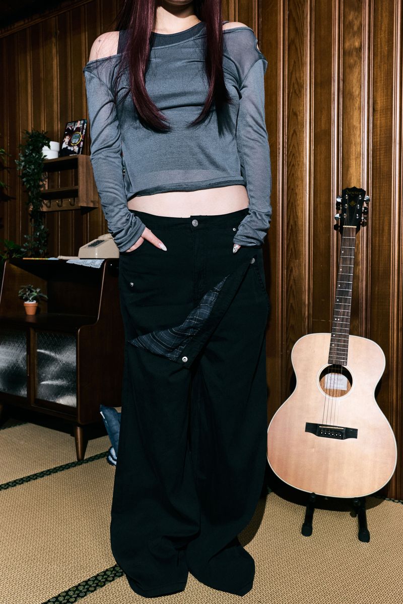 Check asymmetric button wide pants