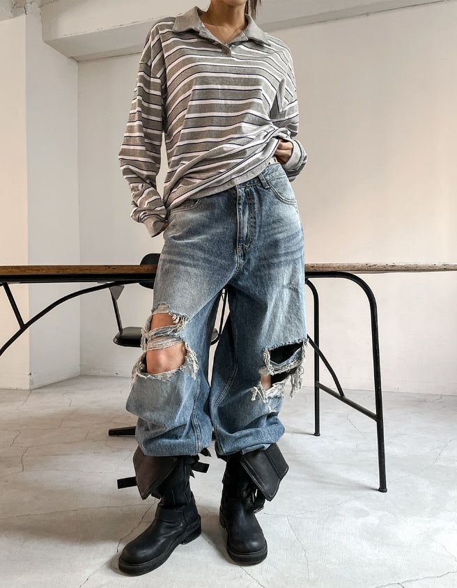 Twoin Stripe Rugby Collar Sweatshirt