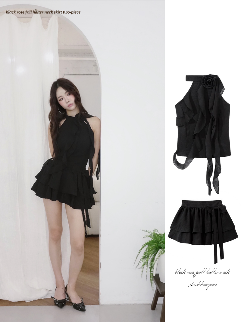 black rose frill halter neck skirt two-piece
