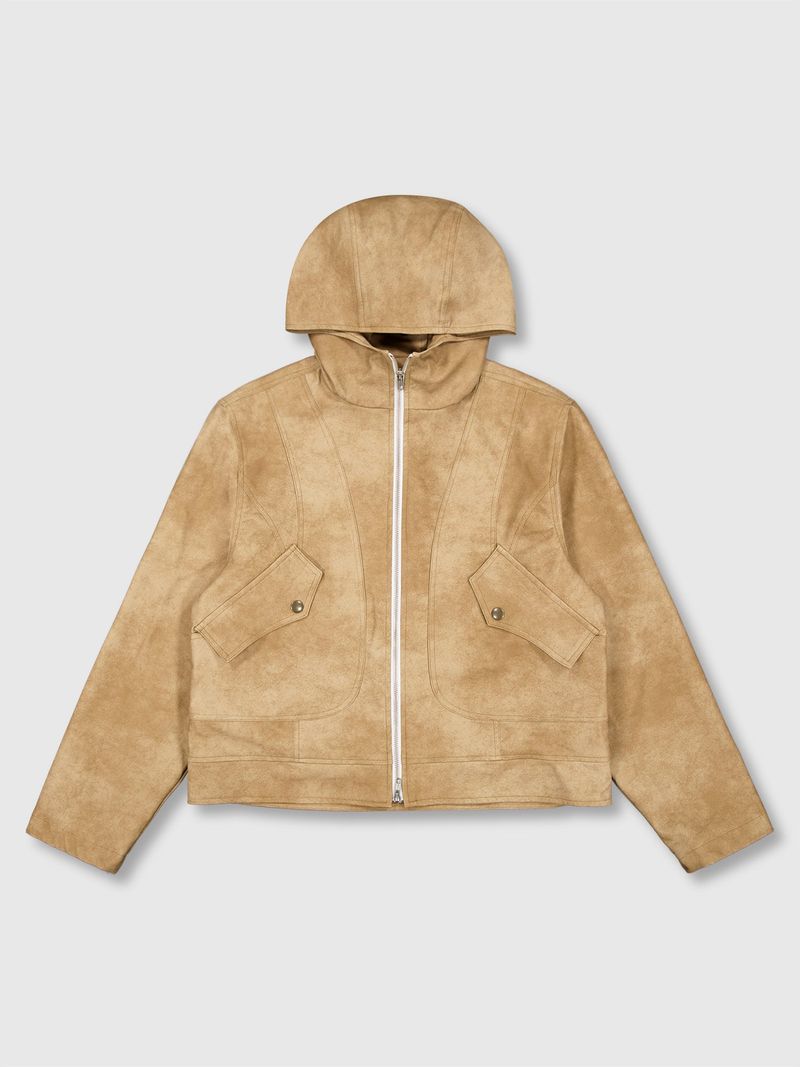 Curved Hood Leather Jacket (Beige)