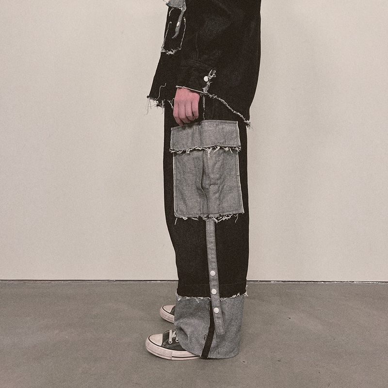 grunge roll-up denim pants_black