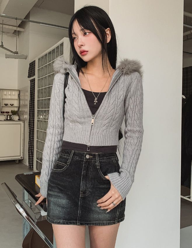 Rinco Cable Knit Fur Hood Zip-Up