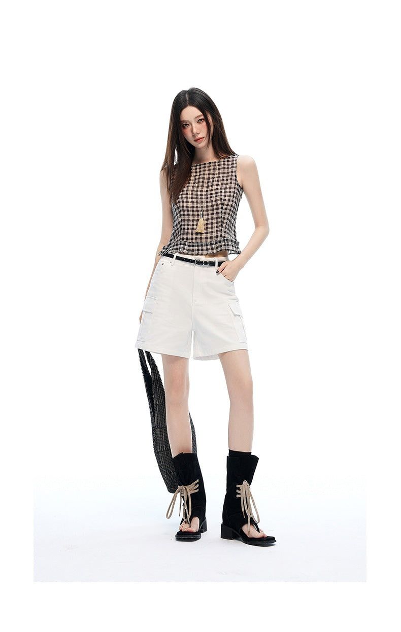 Mid Rise White Cargo Wide Leg Bermuda Shorts
