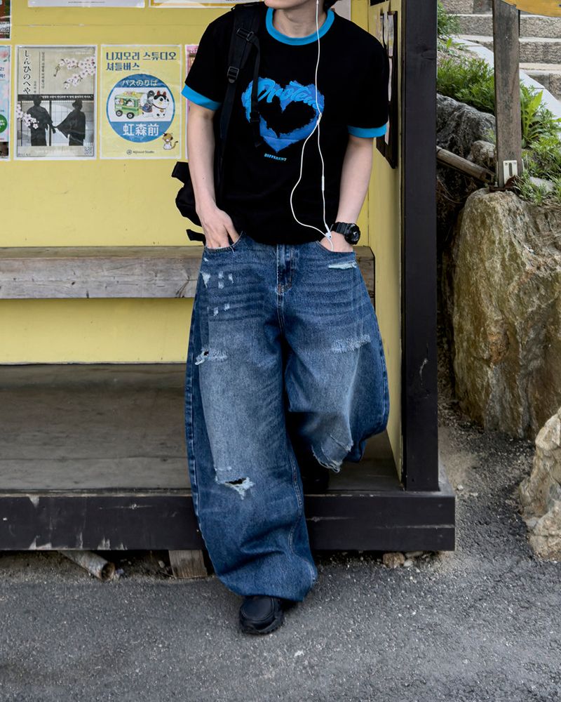 Part Blue Wash Distressed Denim