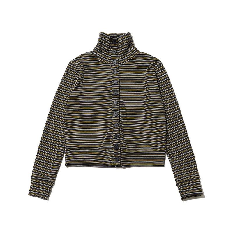 STRIPED HIGH NECK BUTTON CARDIGAN - OLIVE