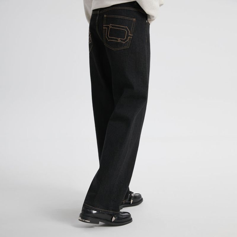 14oz デサイズドセルビッジローワイドレッグジーンズ-ブラック