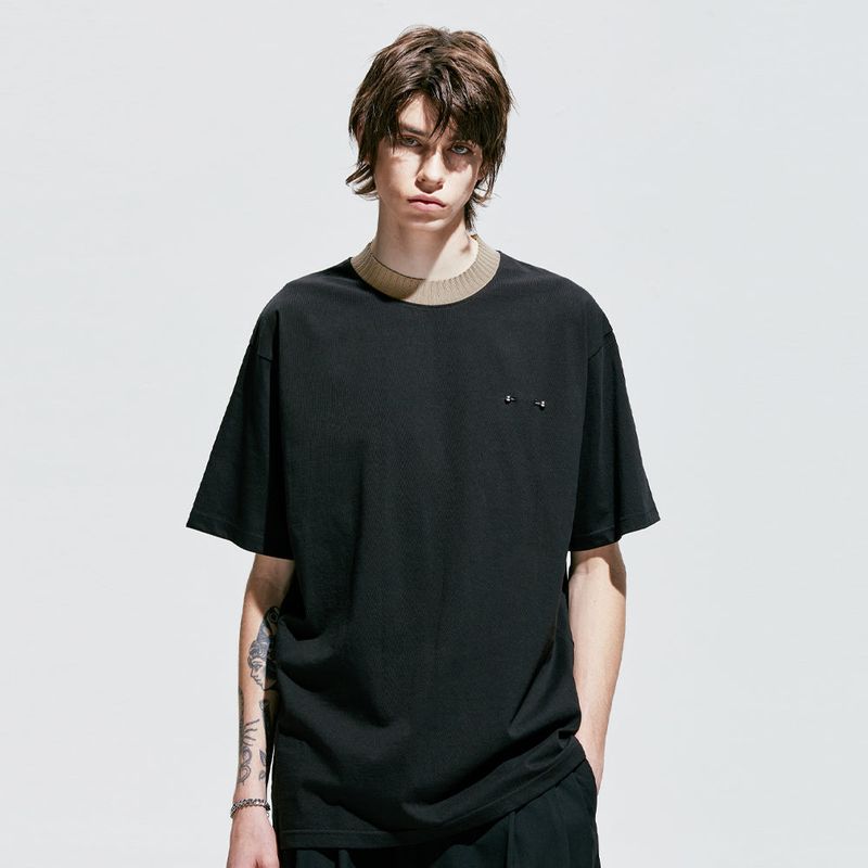 S SY（エスエスワイ）の「rib bold neck pierced t-shirt black（Tops）」