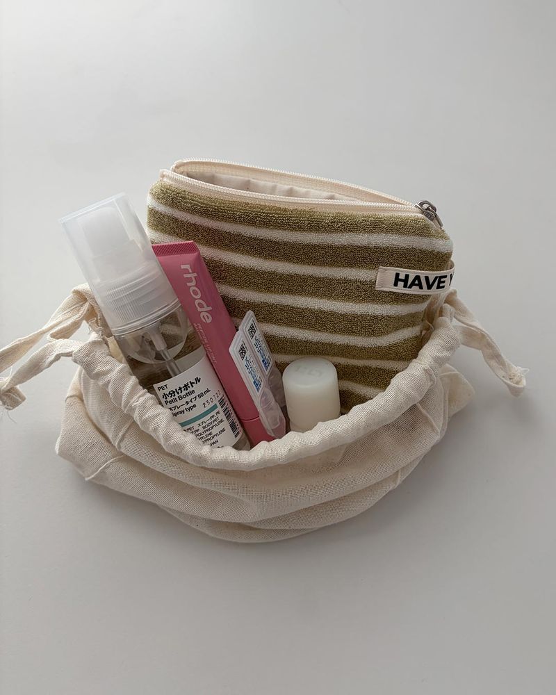 Terry stripe flat pouch - khaki , M size