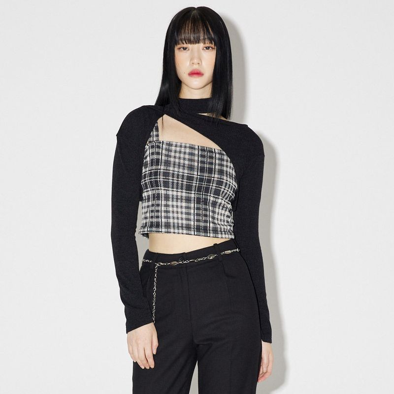 レイヤードチェックニットセット / Layered Check Knit Set [BLACK]