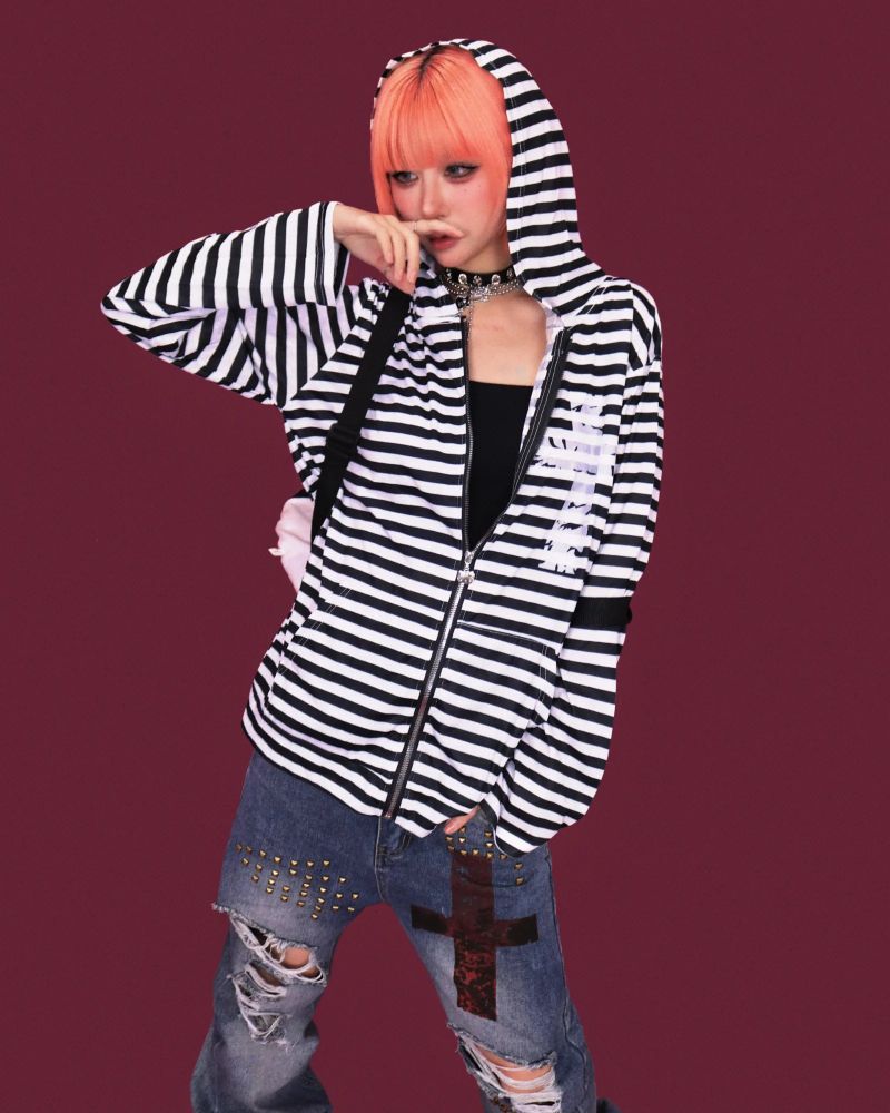 cross striped loose hood zip-up