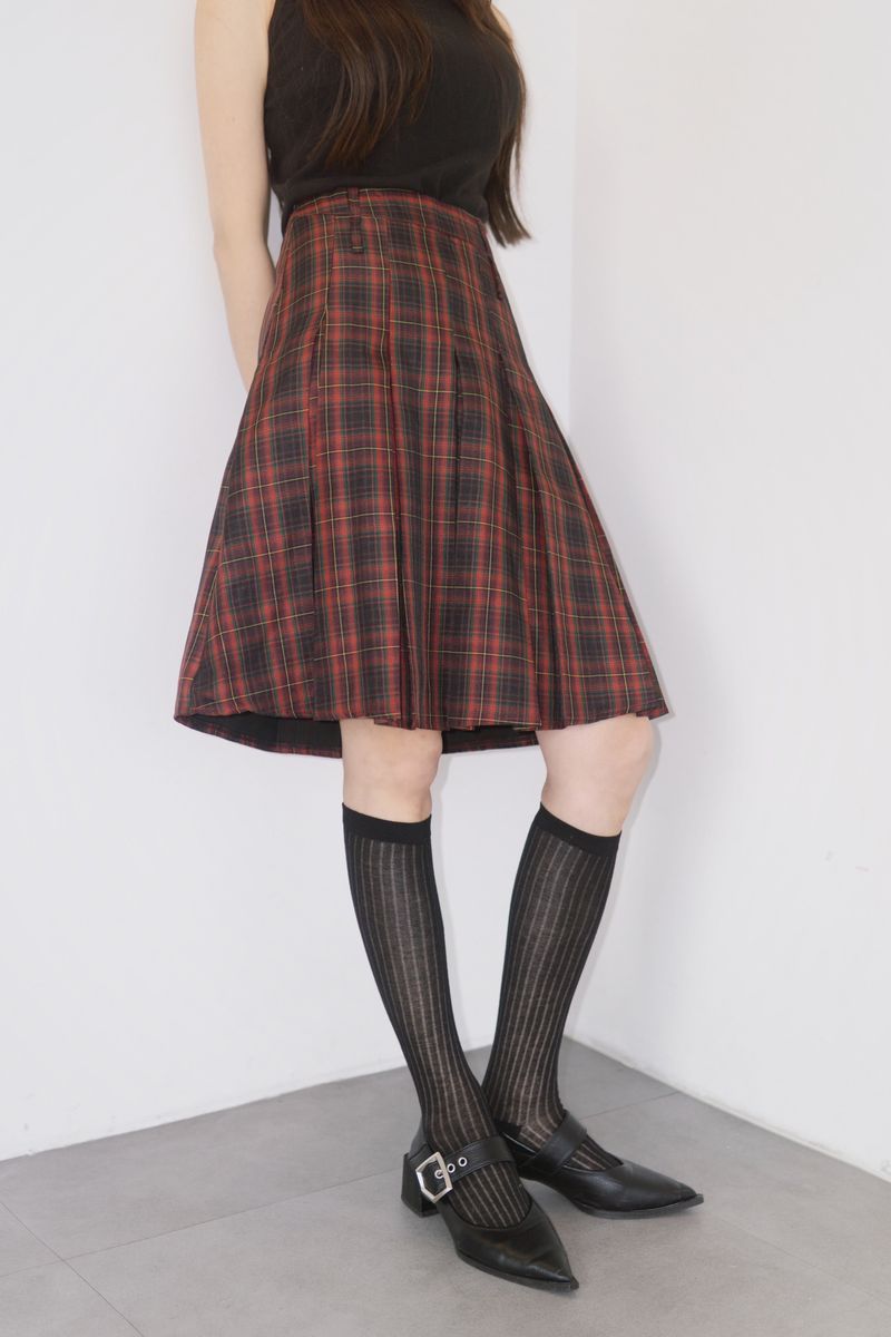 Red Preppy Checkered Midi Pleats Skirt