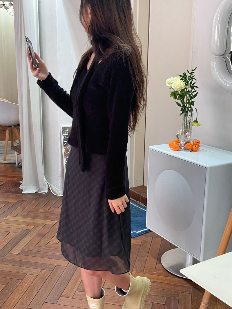 Rosé checkered silk banding skirt