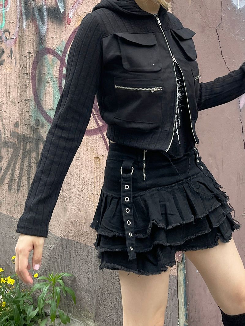 Cropped Two-Way Cargo Hood Zip-Up