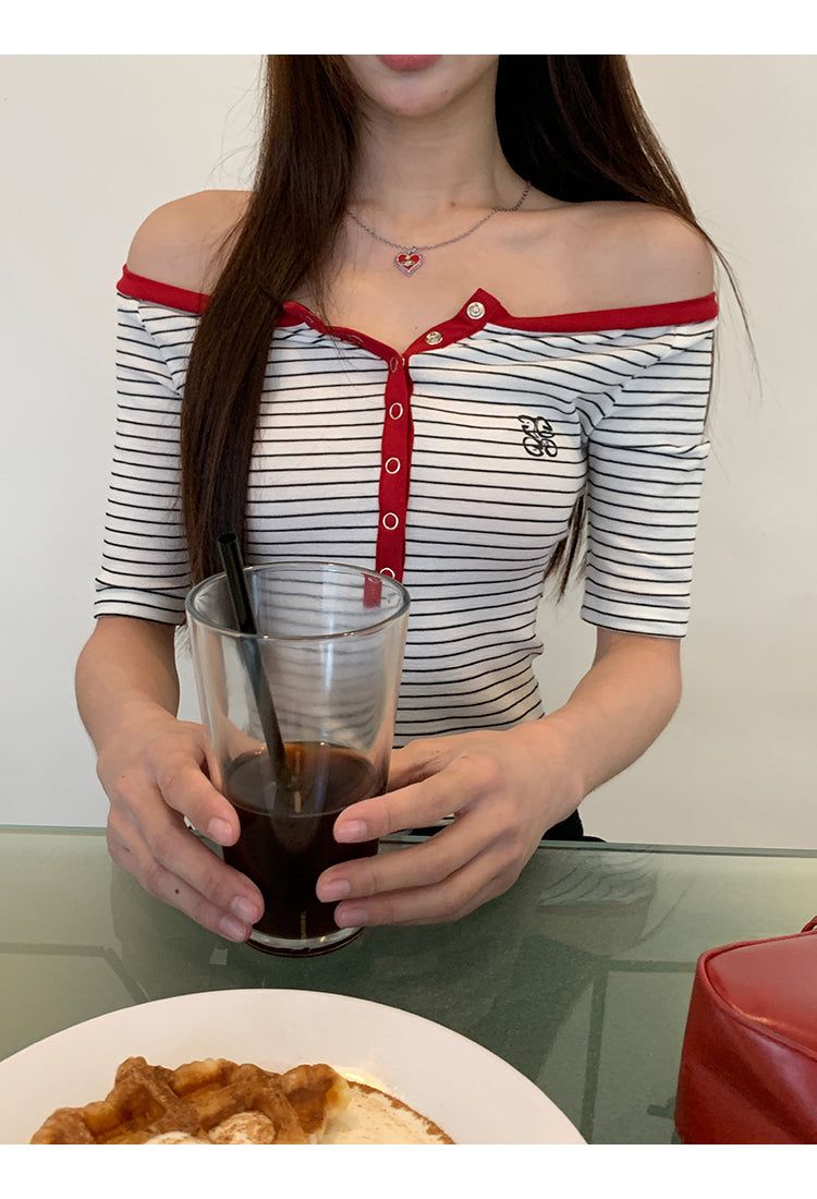 Red Line Stripe Off-Shoulder Top