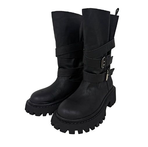 +6cm Vintage Crack Buckle Studded Mid Boots