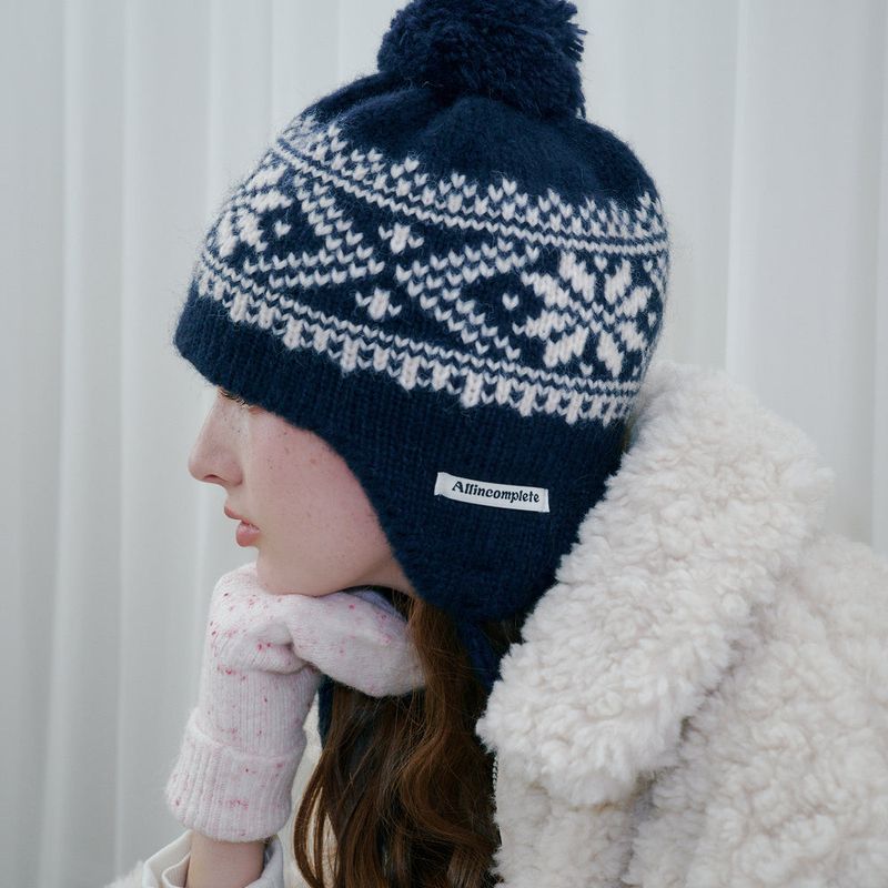 Snowflake Jacquard Earflap Beanie (Navy)