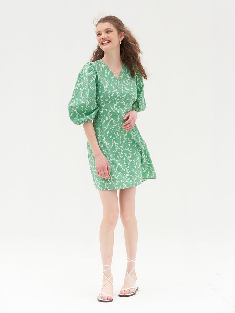 PUFF SLEEVES V NECK ONEPIECE_LIGHT GREEN