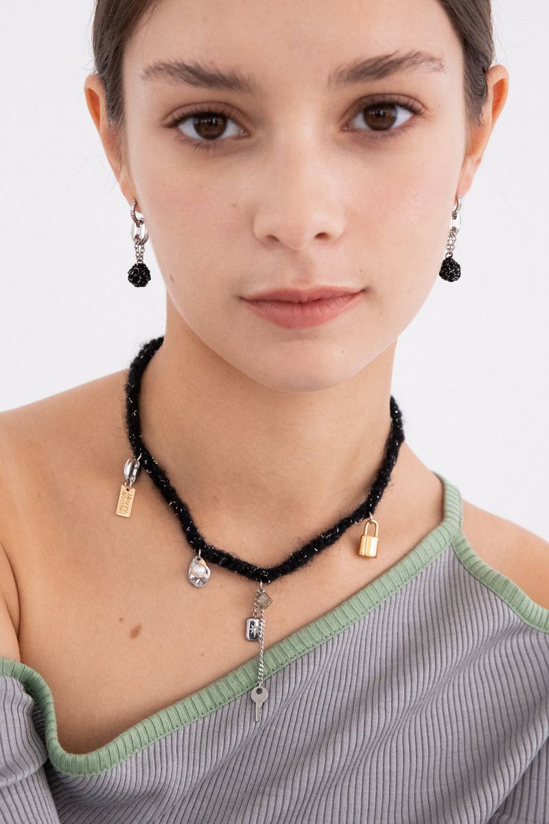 Wool black knit with unique objects necklace