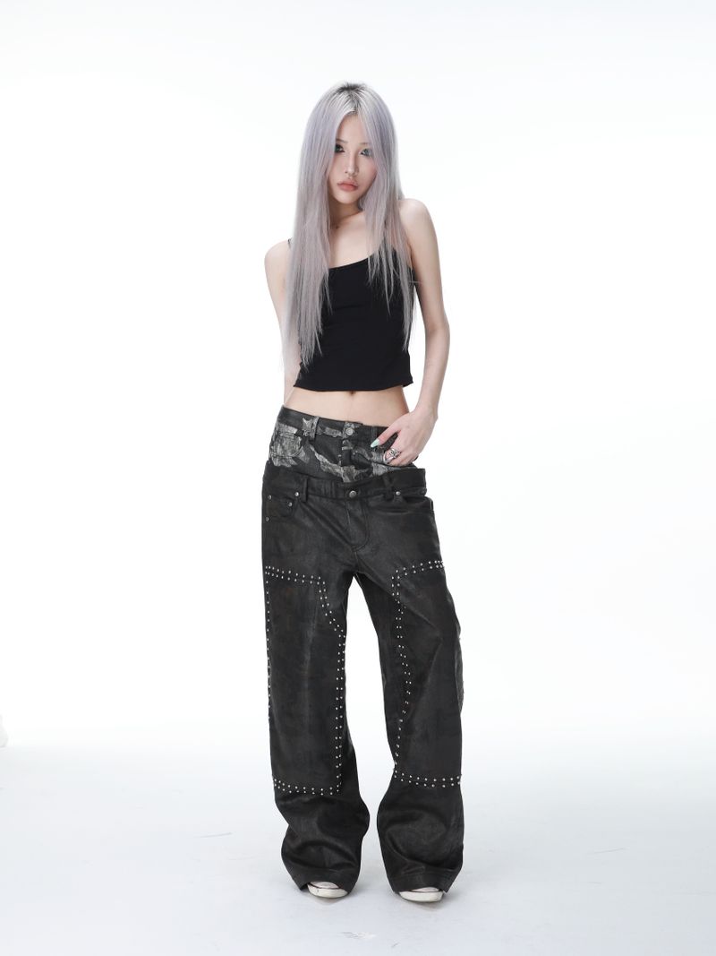 SEXXDEVIL Double Waist Waxed Camo Jeans