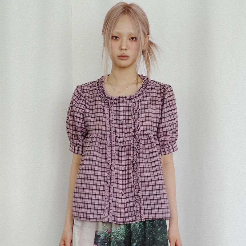 KOOKEESEE（クキシ）の「Check Frill Blouse (pink)（Tops）」