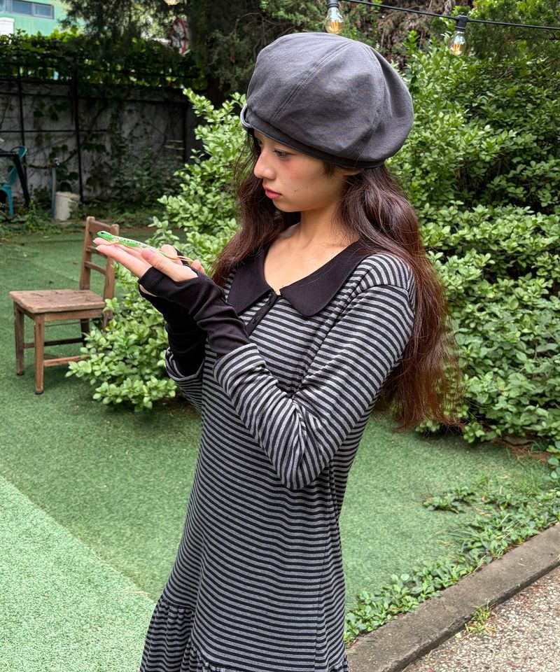 STRIPE ASYMMETRY COLLAR ONE PIECE - BLACK