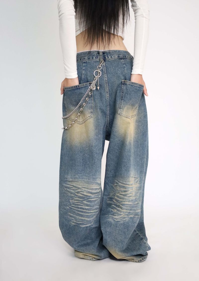 (UNISEX)Mud-Washed Wide Denim Pants