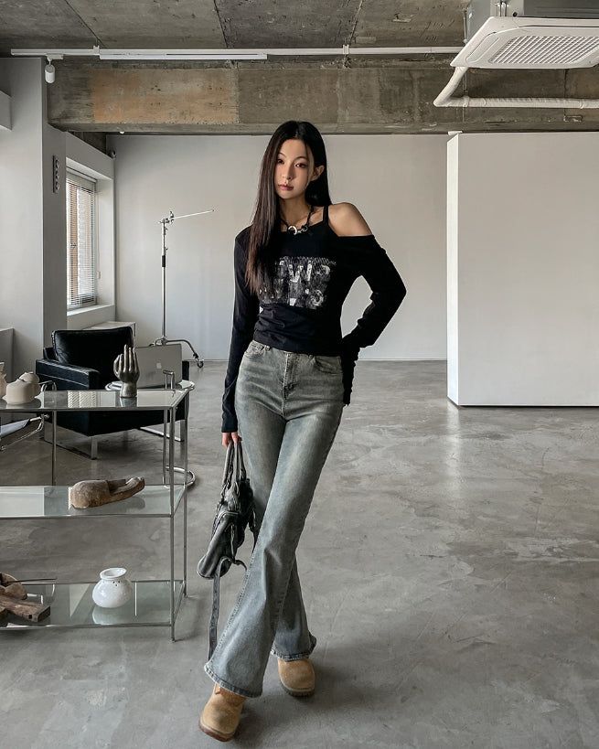 Grayish Washing Bootcut Denim Pants