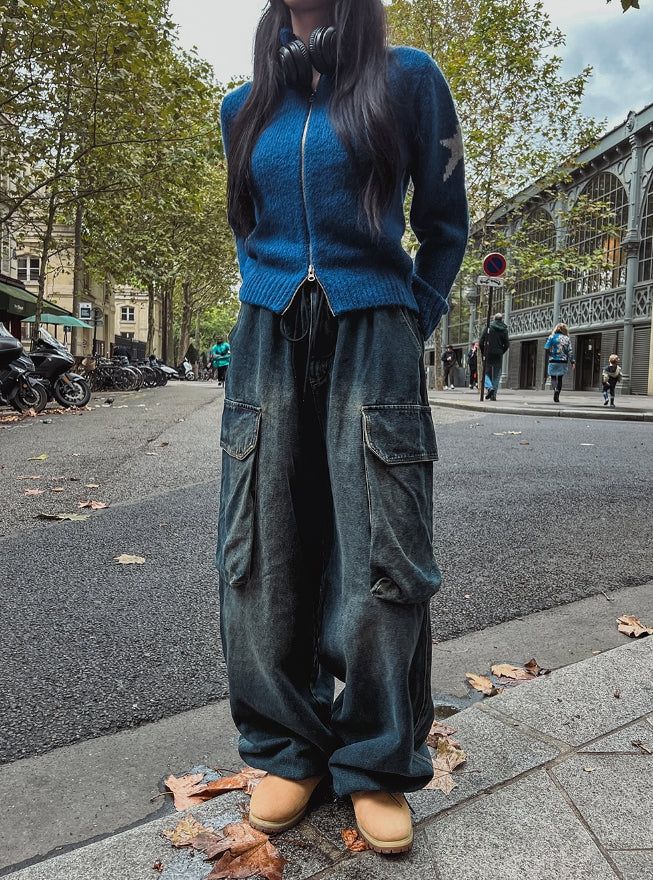 Hip 3D cargo denim banding pants