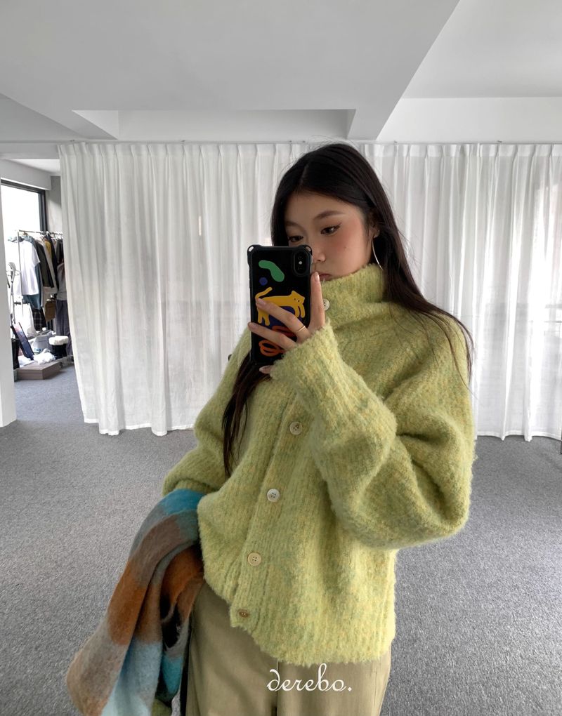 Tender Green Turtleneck Knit Cardigan