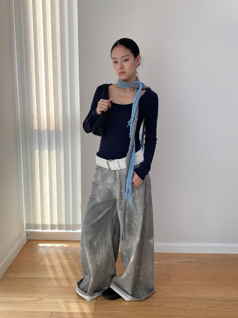 Gray washed wide cotton pants