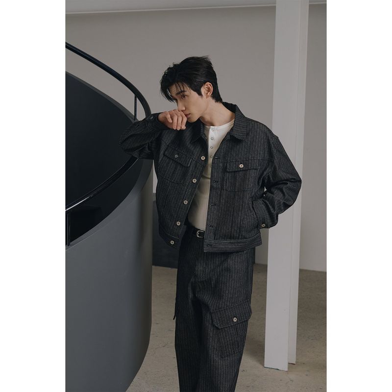 Stripe corduroy trucker denim jacket(Black)