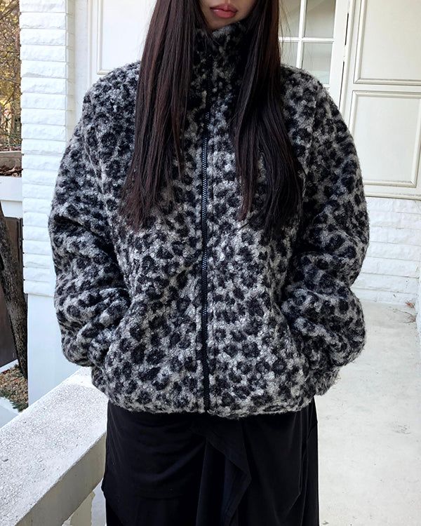 Boran Leopard Teddy Fur Loose Zip-Up Jumper