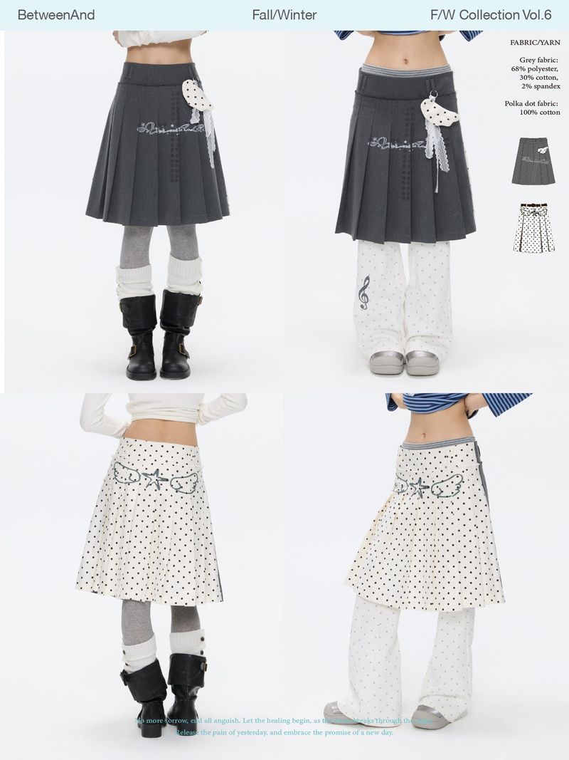 BETWEENAND 「Ling Xu Shuang Sheng」 Winter Academy – gray-and-white polka-dot pleated skirt with a separate inner skirt, available in two styles