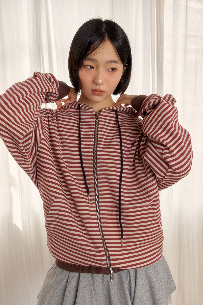STRIPE HOODED ZIP-UP (RED)