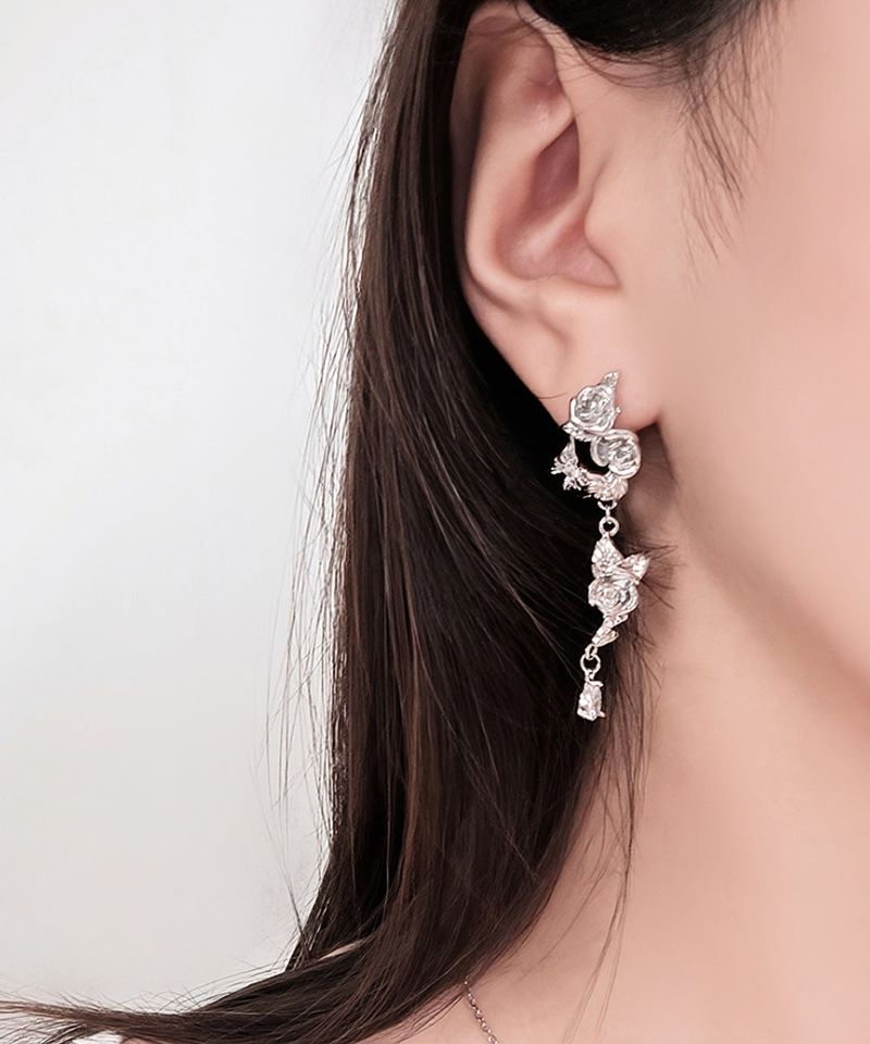 Silver Rose Unbalance Earrings