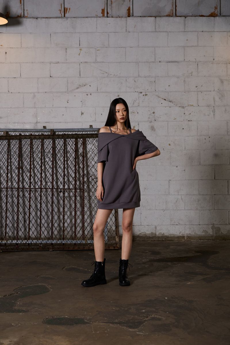 2Way Big Hood Off-Shoulder Mini Dress - Charcoal