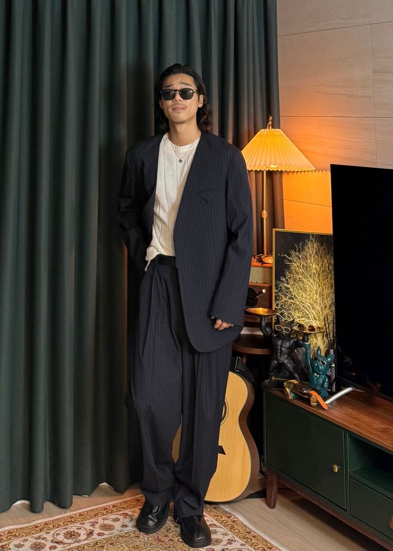 No-Collar Striped V-Zip Slacks 2COLOR