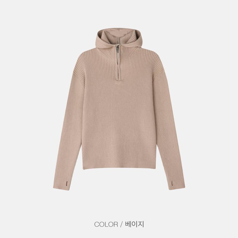 Rib Hood Half Zip-Up Knit