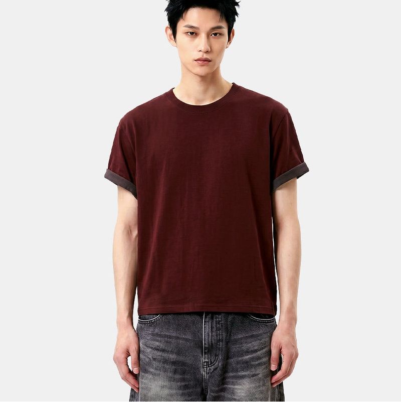 UNDEROFF(アンダーオフ)の「Rolled-Sleeve Cropped Short-Sleeve T-Shirt Burgundy(Tops)」