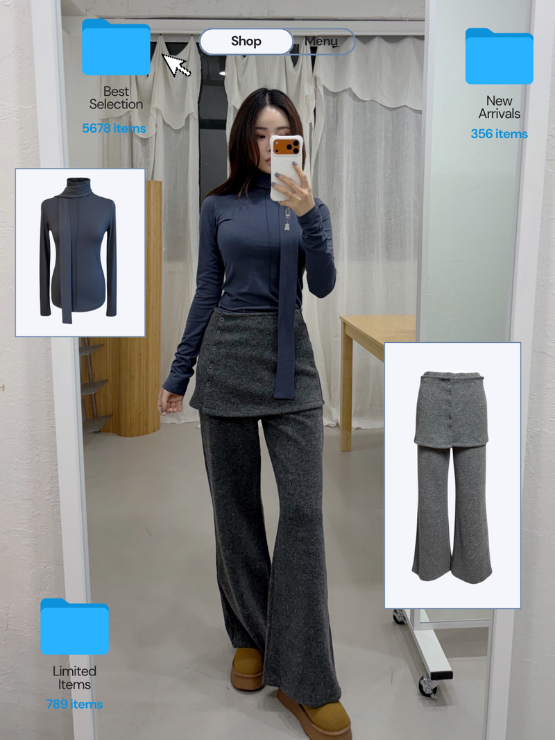 Layered skirt long knit pants