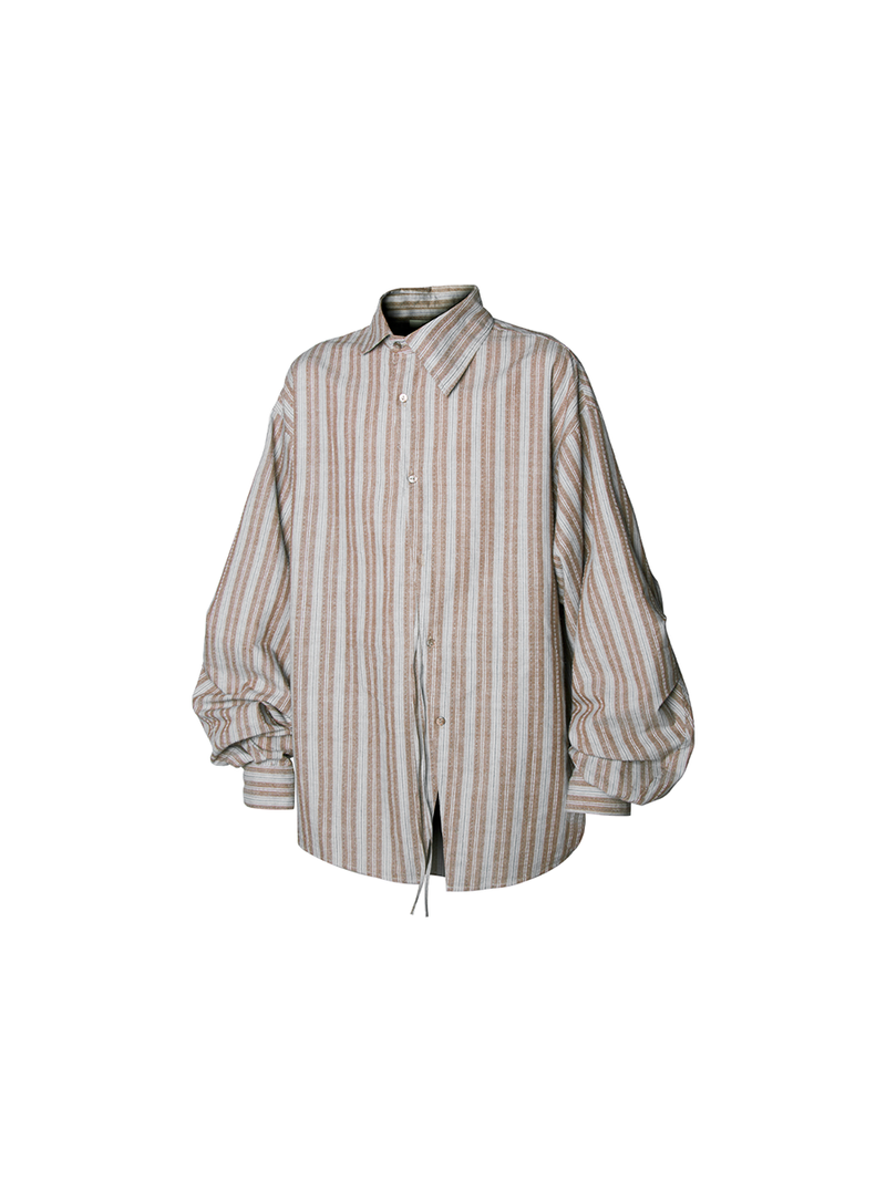 RELABEL Spatial Relations (Angular) Weave-patterned ethnic-inspired stripe ribbon Asymmetrical placket shirt
