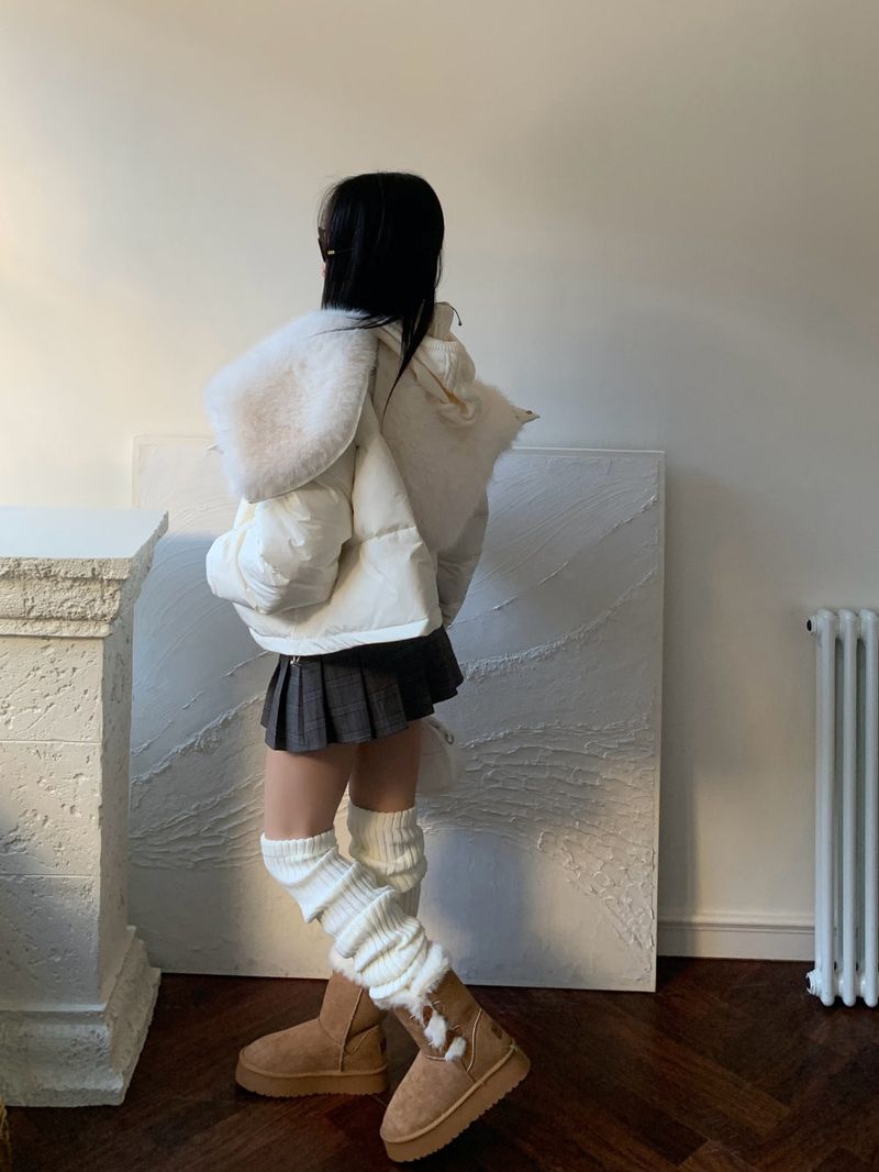 Ice Bloom Fur-Collar Duck Down Short Puffer