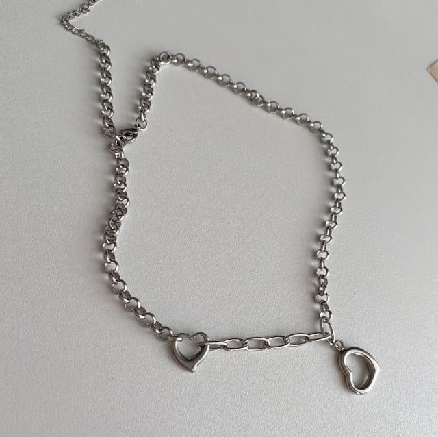 cuh Twin Heart Bold Chain Choker Long Necklace