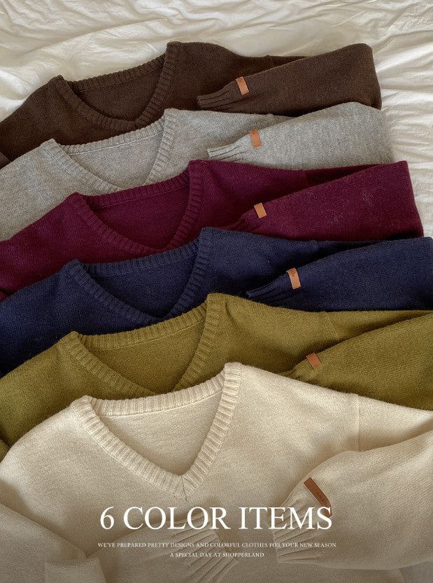 Amelie Leather Patch Loose V-neck Knit (6color)