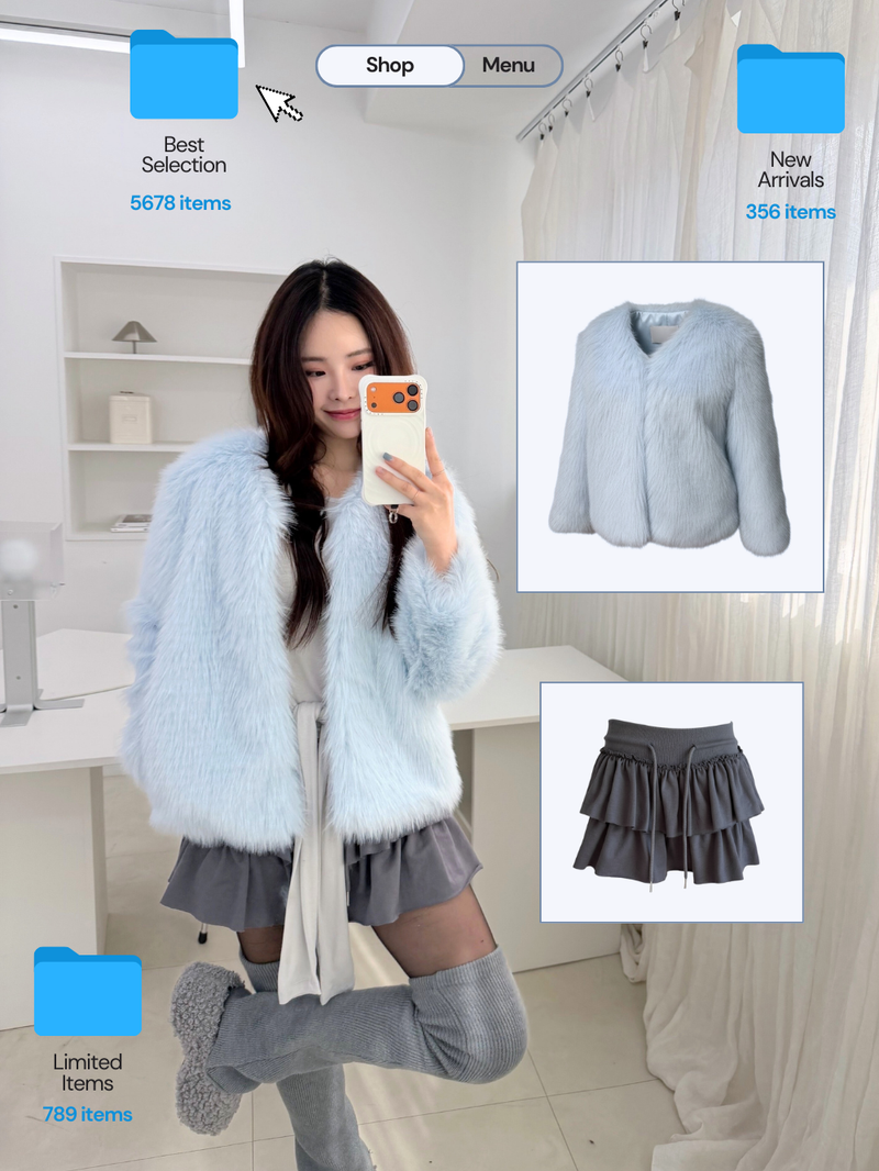 Sky Cloud No Collar Fur Jacket