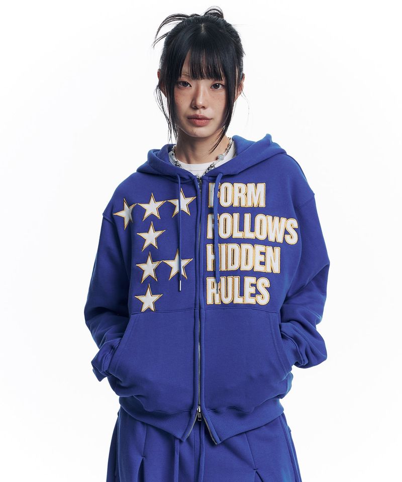 Star Lettering Patch Hoodie Zip-Up - Blue