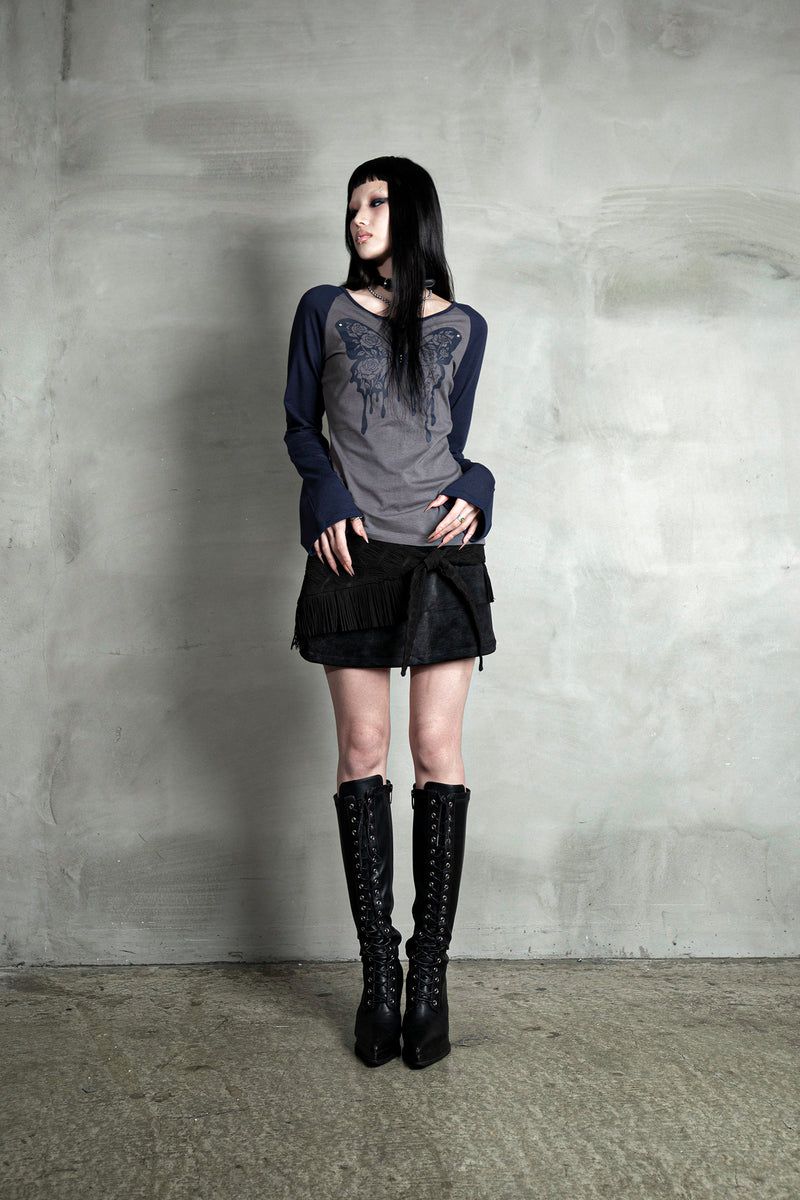 ROSE BUTTERFLY RAGLAN T-SHIRT #NAVY GRAY